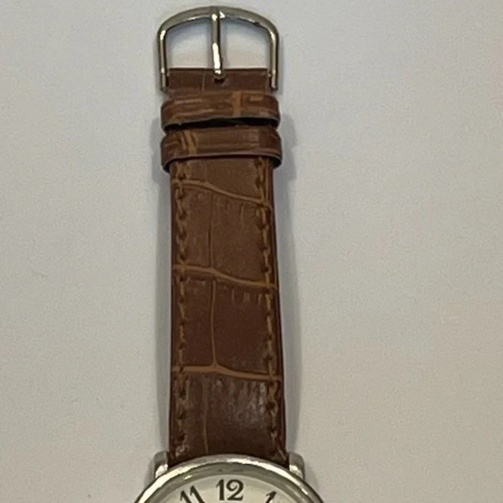 Galvin Hill Quartz Watch Silver Case White Dial Brown Croc Embossed Band Classic